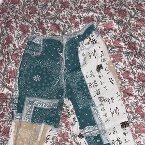 SHEIN Teal and Beige Patchwork Flare Jeans